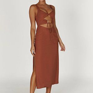 MESHKI Cut Out O Ring Linen Midi Dress - Brown